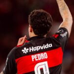 Pedro, atacante do Flamengo comemorando gol marcado contra o Estudiantes (Adriano Fontes/Flamengo)