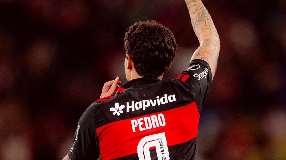Pedro, atacante do Flamengo comemorando gol marcado contra o Estudiantes (Adriano Fontes/Flamengo)