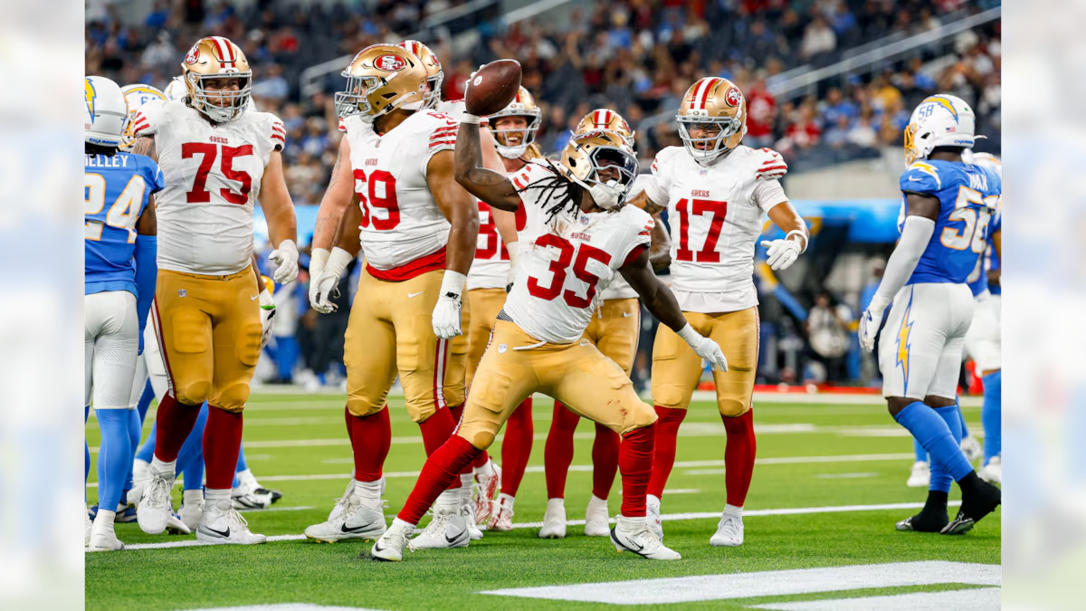 Jogador dos Niners comemorando um touchdown. Foto: Terrell Lloyd/49ers