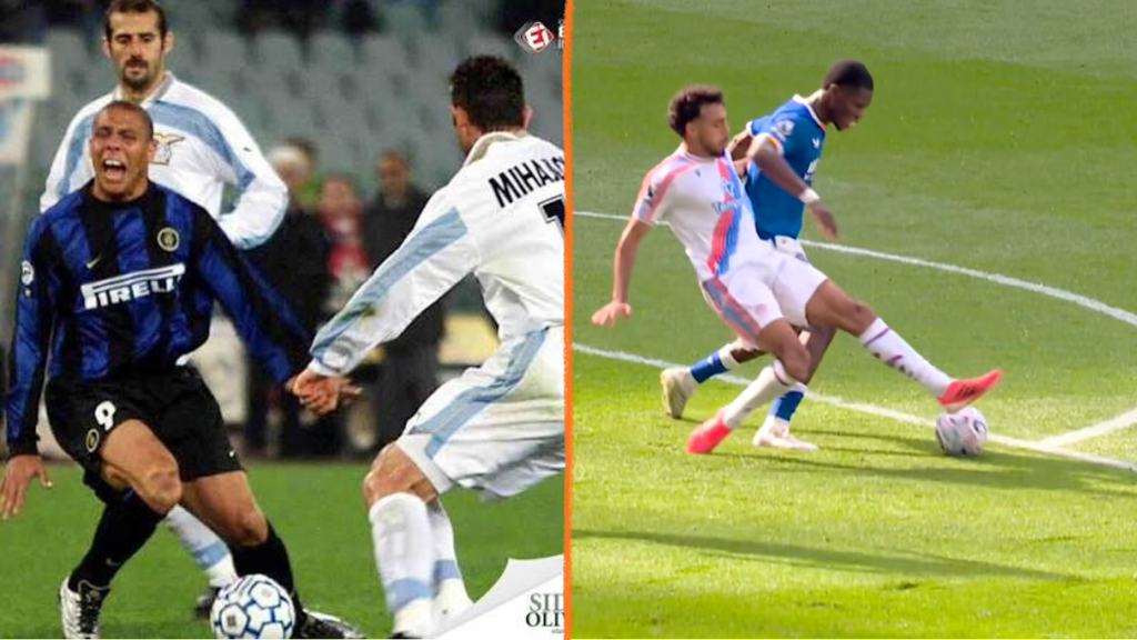 Lesão de Ronaldo Fenômeno em 2000 (créditos: Esporte Interativo e Sidney Oliveira) / Lesão de Chadi Riad (Imagens: transmissão ESPN)